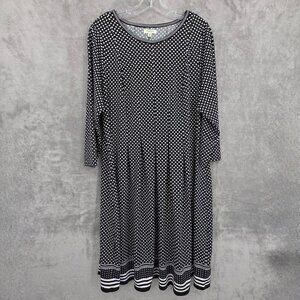Max Studio Swing Dress 1X Black White Polka Dots Stripes Stretch Casual Classic